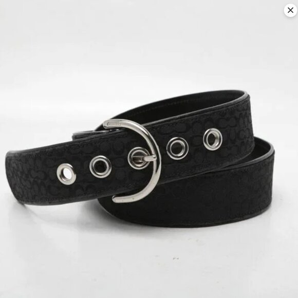 Coach Signature Jacquard Black Canvas Leather Belt Classic Monogram Silver K8 - Picture 6 of 16